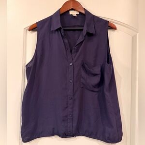 LOFT LP Deep Blue Sleeveless Blouse Button Front Elastic Waist